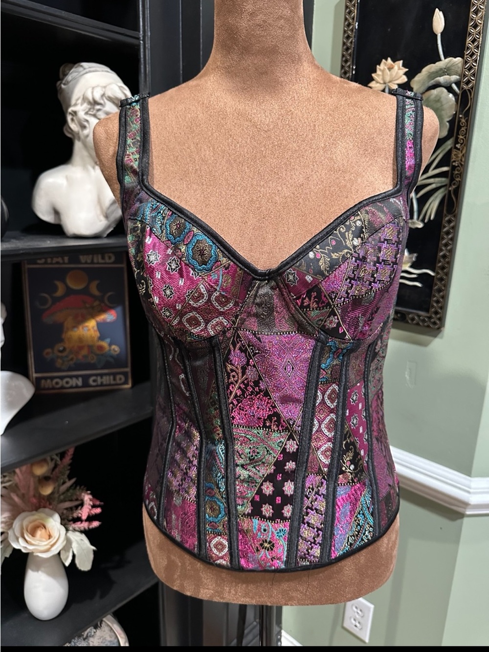 Patchwork Boned Corset – Adjustable Straps & Back – Size Large